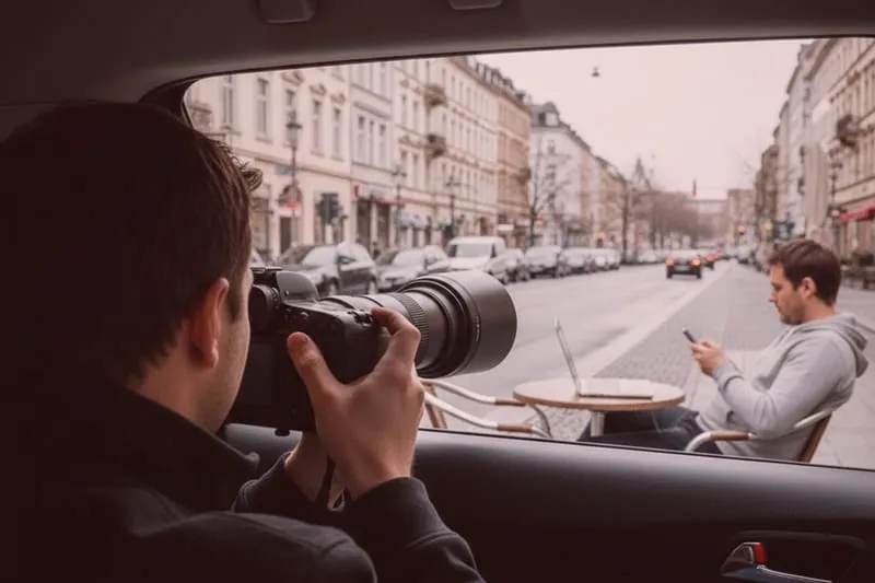 Detektiv fotografiert verdeckt möglichen Arbeitszeitbetrug: Mann am Straßencafé schaut auf Handy, aufgenommen aus Auto.