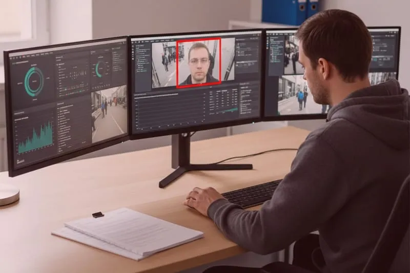 Detektiv am Schreibtisch mit drei Monitoren, Überwachungsbilder und betriebliche Ermittlungen, Gesichtserkennung, Dokument & Stift.