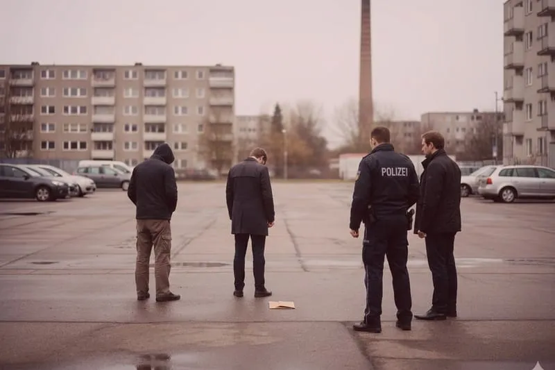 Detektive ermitteln: Vier Männer, einer als Polizist, im nassen Parkhaus mit fallen gelassener Mappe - Verdacht auf Betrug.