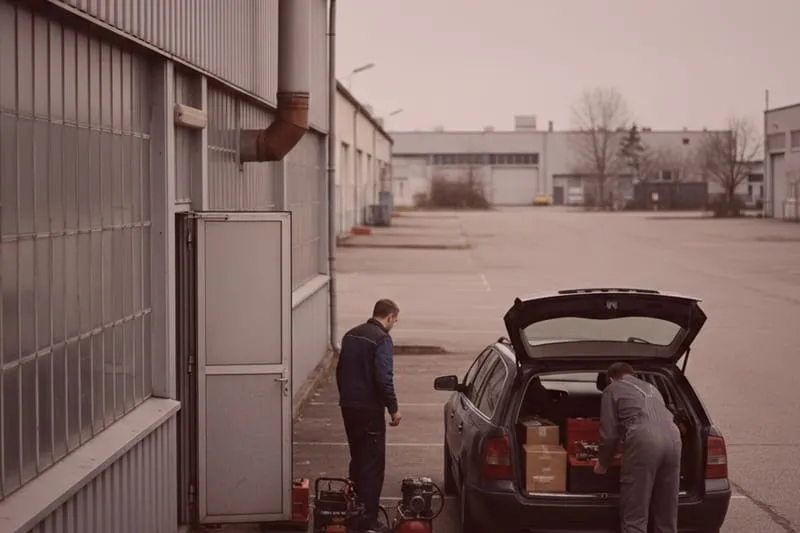 Detektive beobachten Personen beim Ausladen von Kisten aus einem schwarzen Auto auf einem Industriegelände - möglicher Diebstahl.