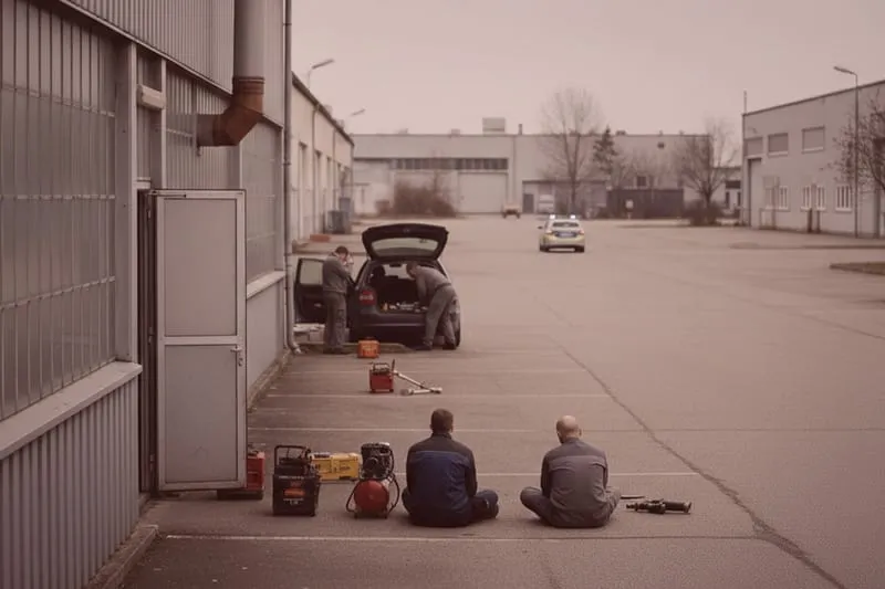 Detektive mit Ausrüstung vor Industriegebäude, Ermittlungen am Auto, Polizeiwagen untersucht Diebstahl auf leerer Straße.