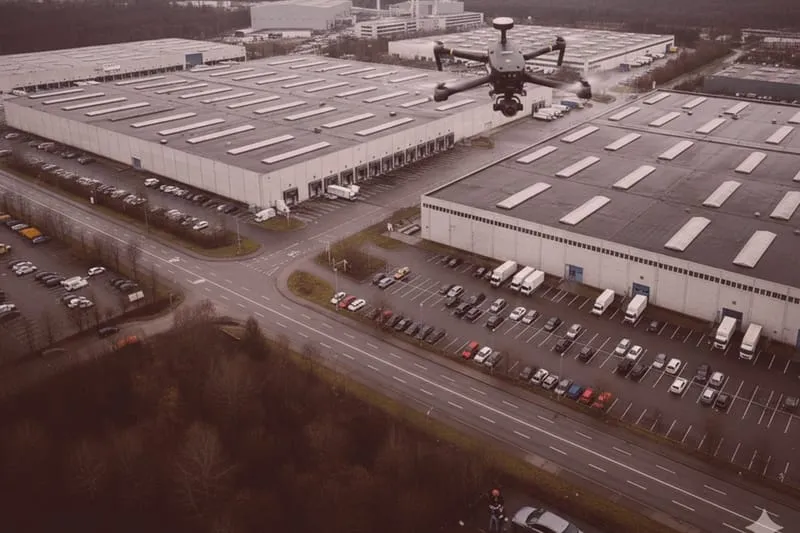 Detektiv-Drohneneinsatz: Industriekomplex mit Lagerhallen, Lkw und Autos auf Zufahrten, umgeben von Bäumen an einem grauen Tag.