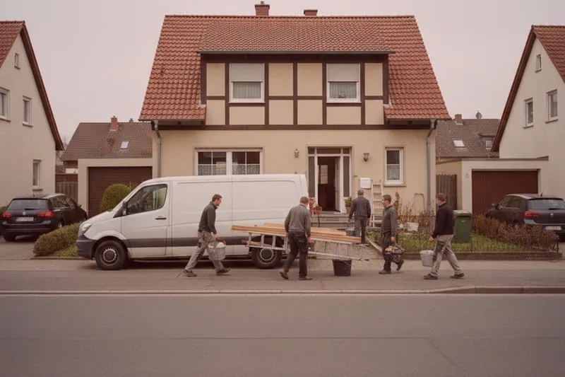 Detektive laden Ausrüstung aus weißem Van vor beige-rotem Haus; Detektei-Einsatz im Wohngebiet, zwei schwarze Autos parken in der Nähe.