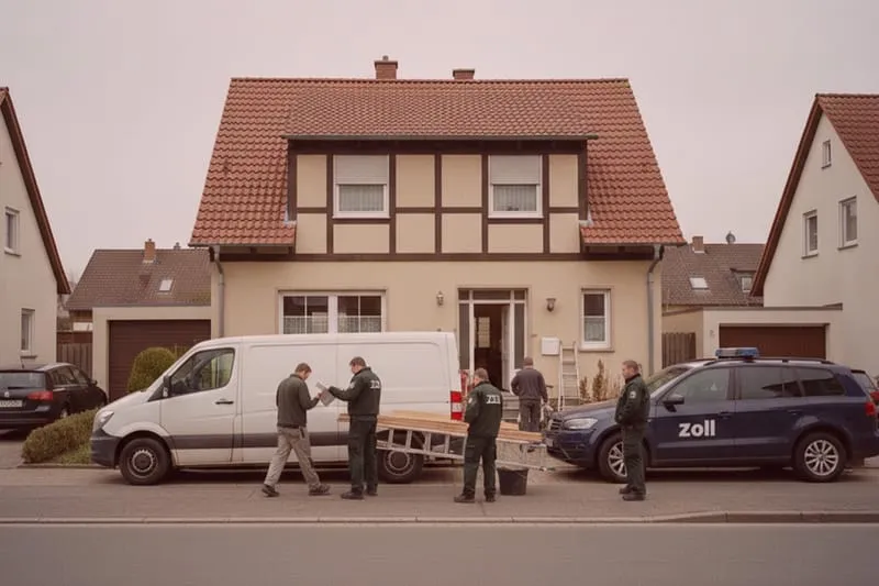 Detektive oder Ermittler vor beige-rotem Haus mit Einsatzfahrzeug und Zollauto, inspizieren oder entladen Gegenstände am Gehweg.