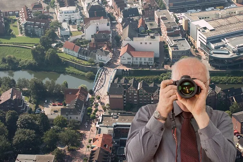 Lippebrücke Lünen, Detektiv der Detektei fotografiert, Schriftzug: Unsere Detektei ermittelt für Sie in Lünen!