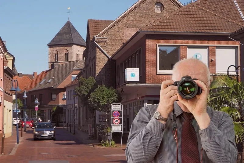 Ortsmitte Schermbeck, Detektiv der Detektei fotografiert in Schermbeck