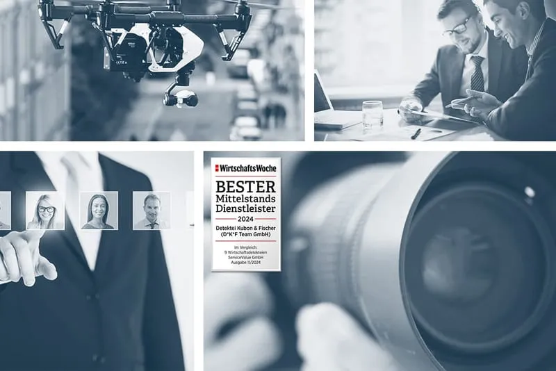 Drohne, 2 Detektive an einem Tisch, ein Privatdetektiv mit einer Kamera, 1 Wirtschaftsdetektiv bei einer Recherche. Logo beste Detektei.