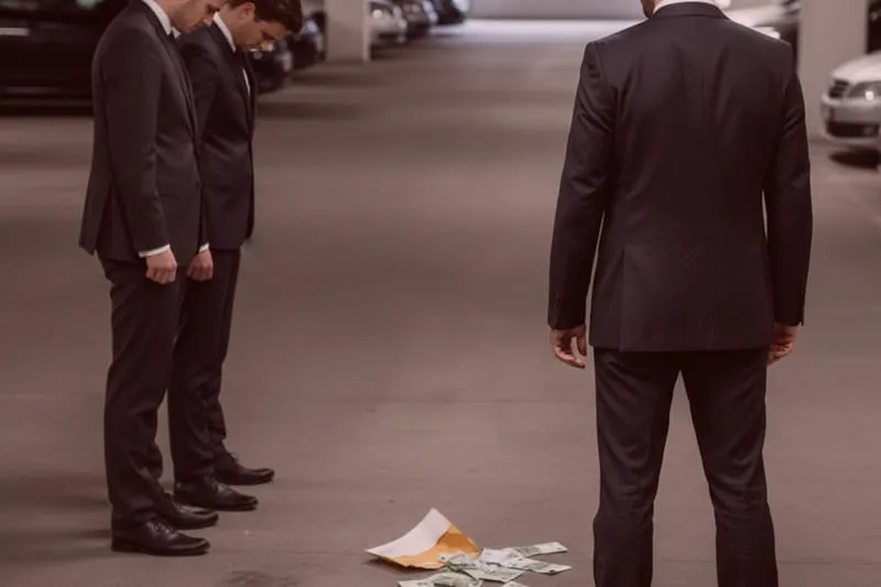 Detektive in Anzügen inspizieren Geld und einen Umschlag im Parkhaus - Ermittlungen, Beweisaufnahme, Detektei-Szene, geheimnisvoll.