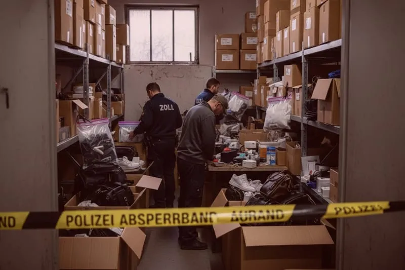 Detektive durchsuchen mit "ZOLL"-Uniform Kisten im Lagerraum, Polizei-Absperrband und Beweismittel auf Regalen, Detektei-Einsatz.