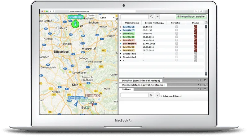 MacBook Air zeigt Detektei-Fleetmanagement mit Deutschlandkarte, Ermittler-Fahrzeugstatus, Duisburg und Wuppertal hervorgehoben.