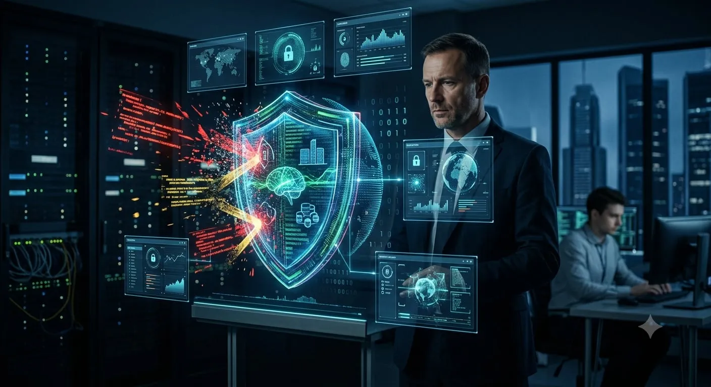Fachmann im Anzug bedient in einem Rechenzentrum holografische Sicherheits-Dashboards mit leuchtendem Schutzschild und KI-Symbolik – Symbolbild für Cyberabwehr im KI-Zeitalter