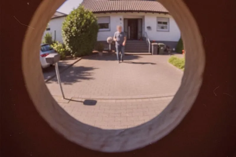Detektiv überwacht Einfahrt durch Türspion: Person geht zur Haustür mit Ziegeldach, Auto links, unscharfes Bild.