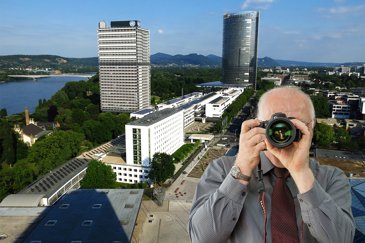 Bundesviertel in Bonn, Detektiv der Detektei fotografiert, Schriftzug: Unsere Detektei ermittelt für Sie in Bonn!