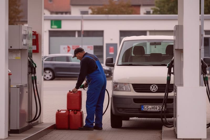 Detektiv füllt rote Benzinkanister neben weißem VW-Bus an Tankstelle, beobachtet Abrechnungsbetrug-Prävention, Detektei-Einsatz.