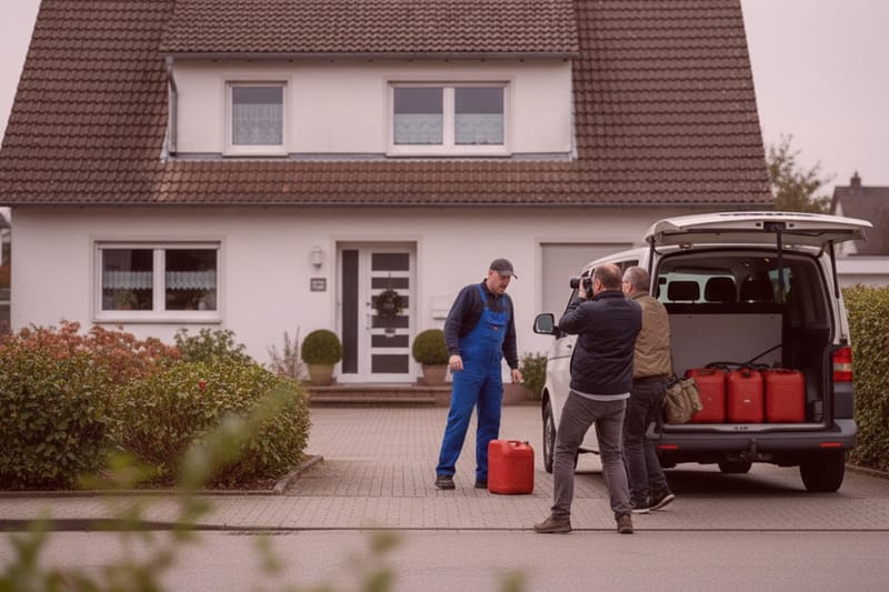 Detektei ermittelt: Ermittler fotografiert Mann in blauer Latzhose mit roten Benzinkanistern vor weißem Transporter, Abrechnungsbetrug.