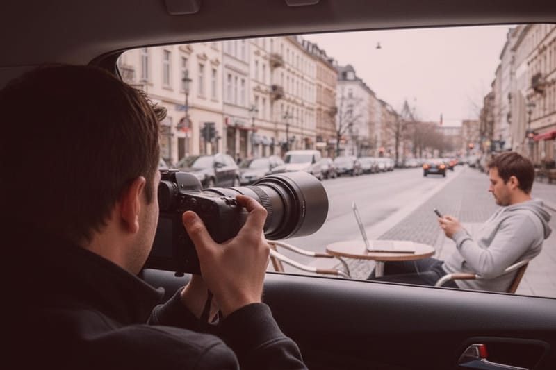 Detektiv fotografiert verdeckt möglichen Arbeitszeitbetrug: Mann am Straßencafé schaut auf Handy, aufgenommen aus Auto.