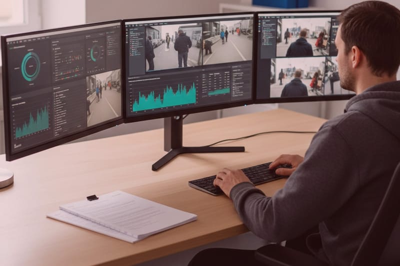 Detektiv überwacht am Schreibtisch betriebliche Ermittlungen auf drei Monitoren mit Datenanalysen und Videoüberwachung, Dokument auf Tisch.
