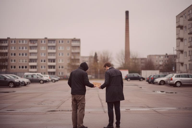 Detektive treffen sich auf leerem Parkplatz, übergeben Dokument - möglicher Betrugsfall, Wohnhäuser und Schornstein im Hintergrund.