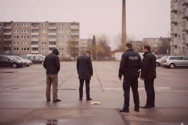 Detektive ermitteln: Vier Männer, einer als Polizist, im nassen Parkhaus mit fallen gelassener Mappe - Verdacht auf Betrug.