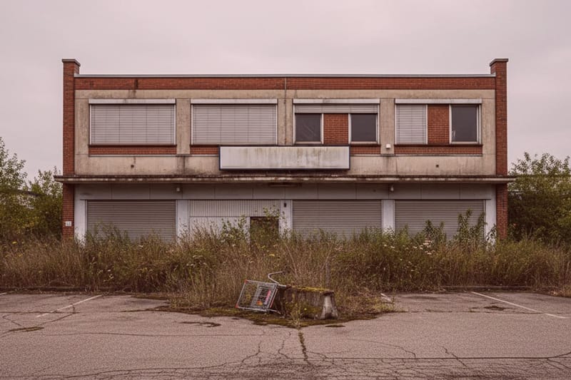 Detektei ermittelt: Verlassene Backsteinvilla mit zugezogenen Fensterläden, überwuchertem Hof und leerem Parkplatz bei grauem Himmel.