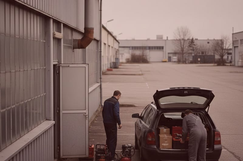 Detektive beobachten Personen beim Ausladen von Kisten aus einem schwarzen Auto auf einem Industriegelände - möglicher Diebstahl.