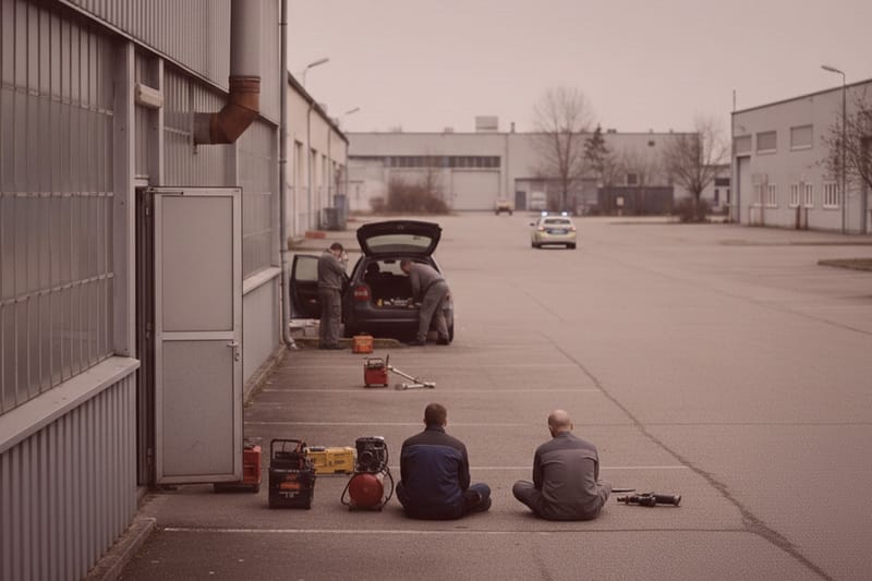 Detektive mit Ausrüstung vor Industriegebäude, Ermittlungen am Auto, Polizeiwagen untersucht Diebstahl auf leerer Straße.