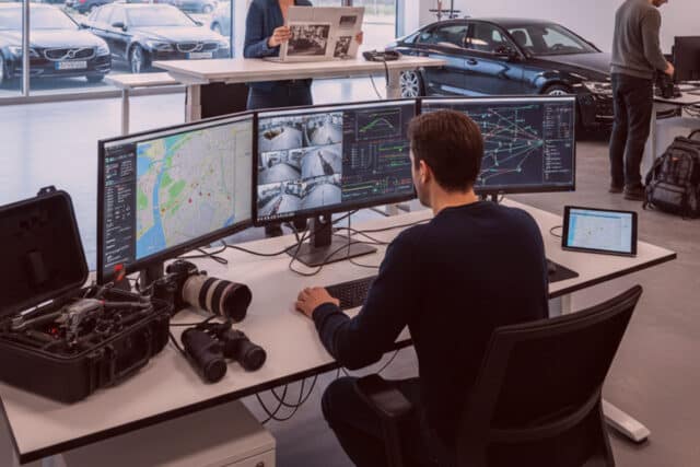 Detektiv am Schreibtisch mit vier Monitoren, die Karten, Grafiken und Überwachung zeigen. Büroausstattung einer Detektei im Hintergrund.