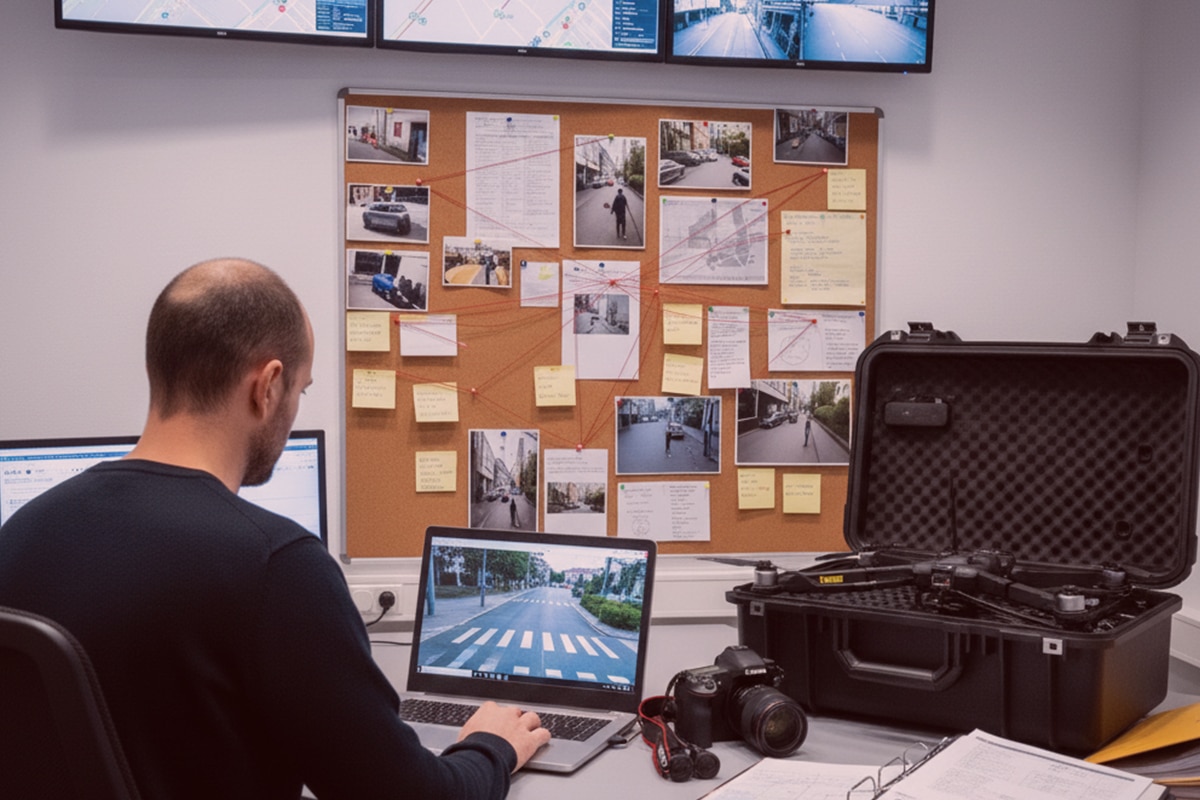 Detektiv am Schreibtisch mit Laptop, Überwachungsbildern, Kamera, Drohne, Dokumenten und Beweismaterialien im Detektei-Büro.