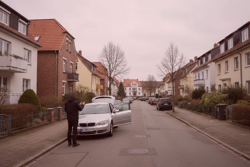 Detektiv in schwarzem Mantel steht neben silbernem Auto mit offenen Türen auf ruhiger Wohnstraße - Einsatz für Detektei bei Haus.