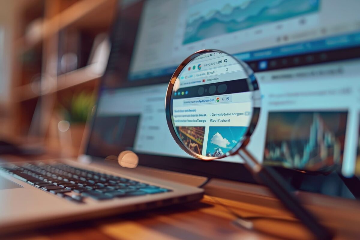 Detektei: Ermittler nutzt Lupe vor Laptop, vergrößert Suchleiste zur Observation und Beweissicherung; unscharfe Daten im Hintergrund.