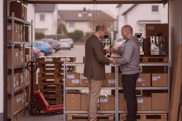 Detektive bei legendierter Ermittlung im Lager, übergeben diskret ein Objekt; Kisten, Kaffeemaschinen, Häuser und Autos im Hintergrund.