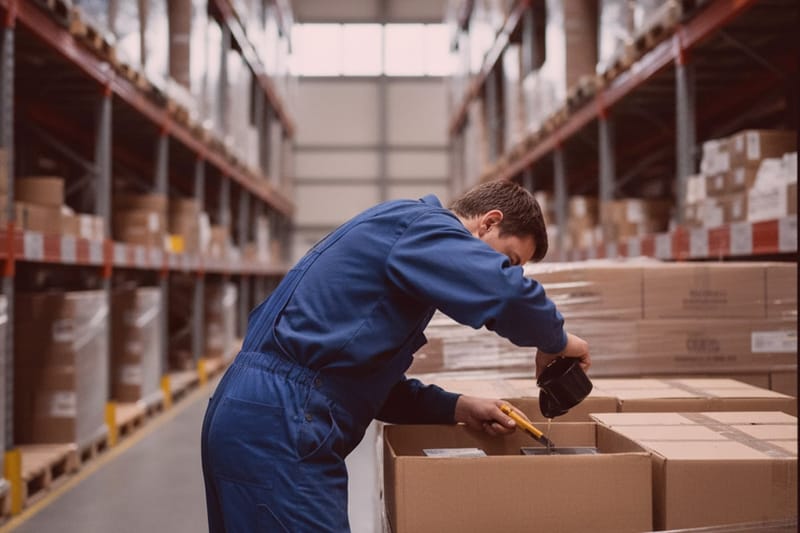 Detektiv in blauer Arbeitskleidung öffnet mit Cutter ein Paket im Lager, umgeben von Regalen voller Kartons - Detektei-Einsatz.