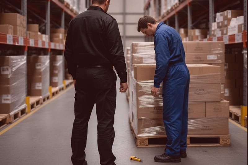 Detektive inspizieren im Lager beschädigte und unsauber gestapelte Kartons auf einer Palette; gelber Cutter liegt am Boden.