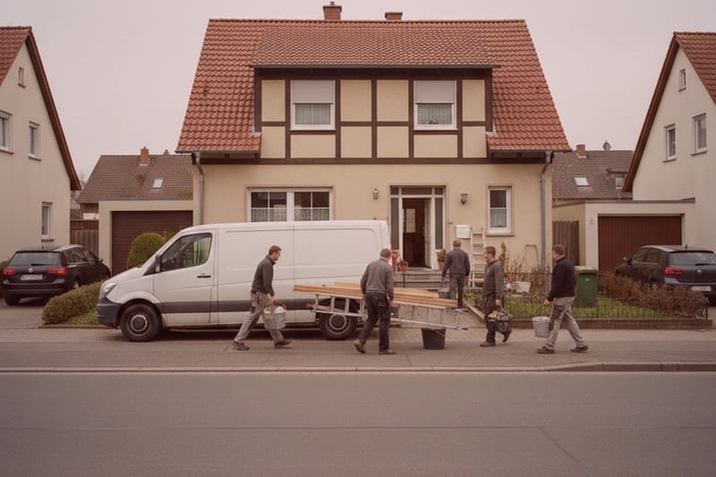 Detektive laden Ausrüstung aus weißem Van vor beige-rotem Haus; Detektei-Einsatz im Wohngebiet, zwei schwarze Autos parken in der Nähe.