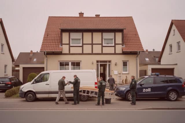 Detektive oder Ermittler vor beige-rotem Haus mit Einsatzfahrzeug und Zollauto, inspizieren oder entladen Gegenstände am Gehweg.