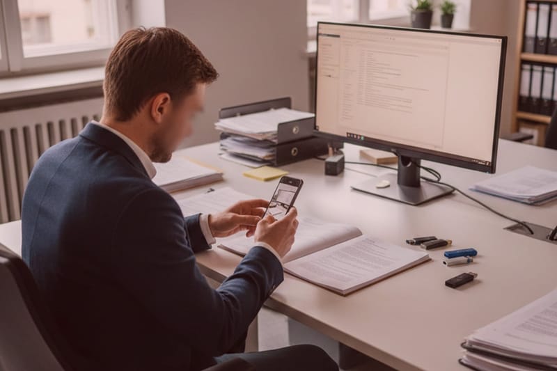 Detektiv im Anzug am Schreibtisch prüft Dokumente und Smartphone, neben Notizbuch und Monitor - Detektei Büro Alltag.