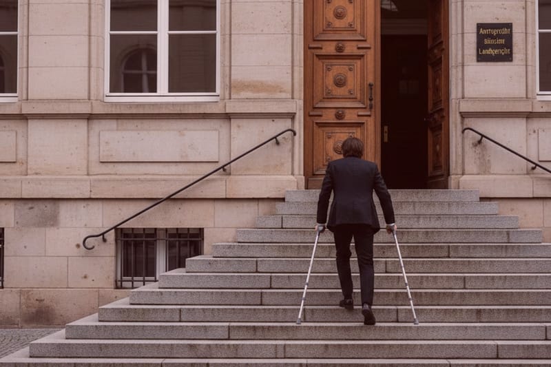 Detektiv in Anzug steigt mit Unterarmgehstützen Treppe vor Gebäude mit deutscher Beschilderung, Thema Versicherungsbetrug.