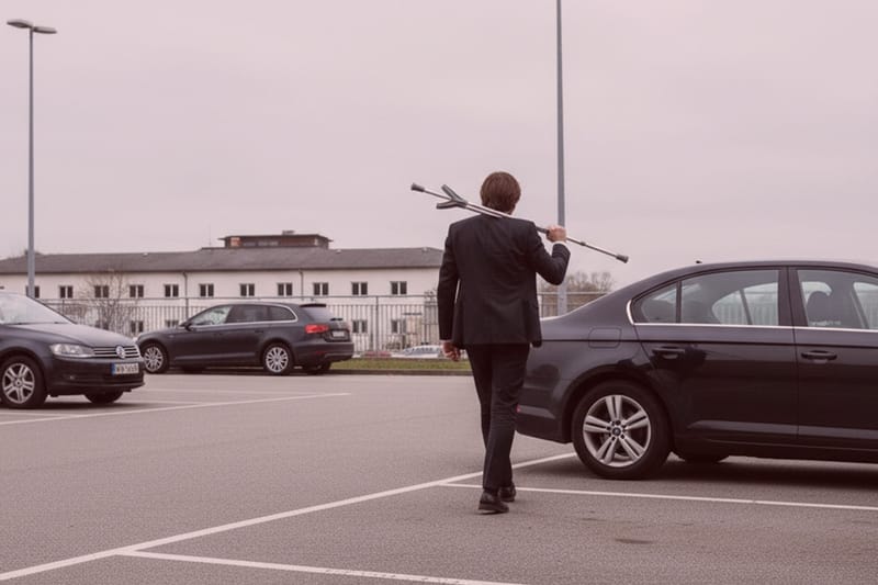 Detektiv im Anzug beobachtet mutmaßlichen Versicherungsbetrug mit Krücken auf Parkplatz vor Gebäuden, Detektei-Beweisfoto.