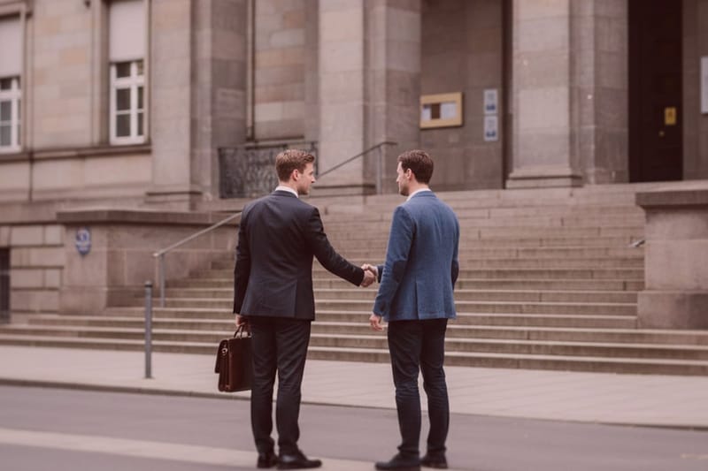 Zwei Detektive im Anzug treffen sich vor einem Bürogebäude, schütteln Hände und besprechen Details eines Ermittlungsauftrags.