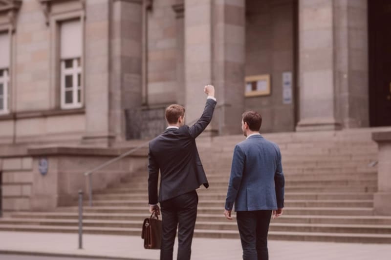 Zwei Detektive im Anzug stehen vor einem Gerichtsgebäude; einer hebt triumphierend die Faust, der andere trägt einen Aktenkoffer.