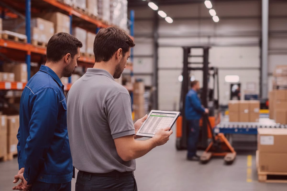 Detektive im Lager: Zwei Ermittler prüfen mit Tablet Arbeitszeitbetrug, im Hintergrund Gabelstapler und Warenregale.