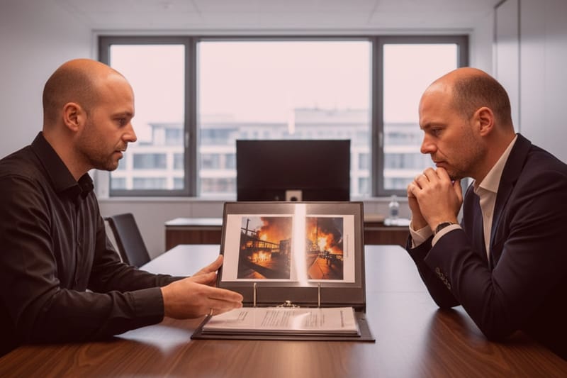 Zwei Detektive prüfen im Büro Fotos eines Brandfalls zur Beweissicherung. Einer zeigt auf Bildern, der andere hört aufmerksam zu.