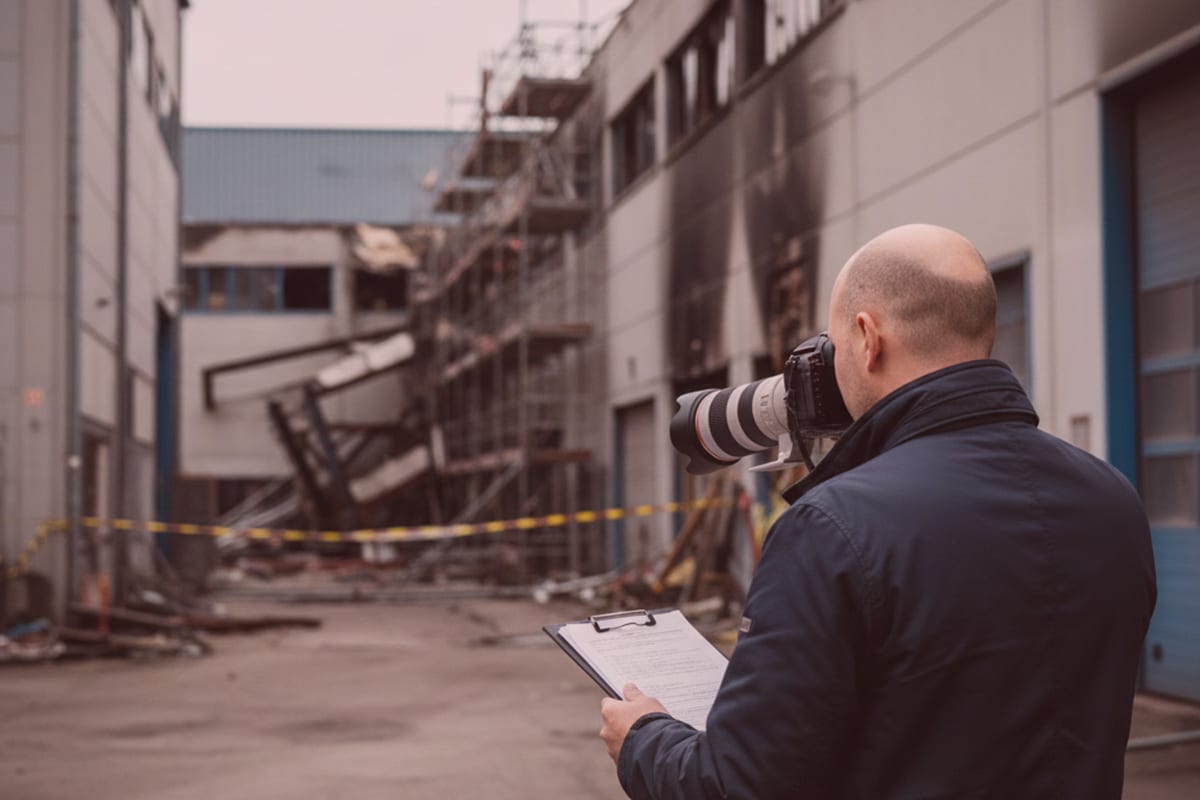 Detektiv bei der Beweissicherung fotografiert eine beschädigte Industriehalle mit Kamera und Klemmbrett, Gerüst und Polizeiabsperrung.