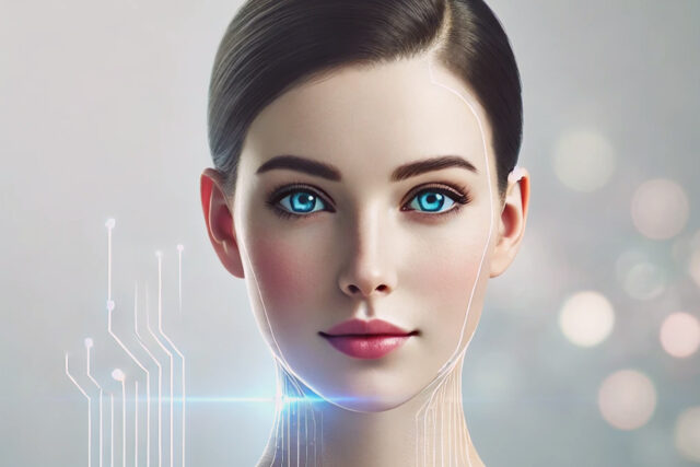 Porträt einer jungen, attraktiven Frau auf einem hellen, futuristischen Hintergrund. Die Frau wirkt überwiegend menschlich, leichte, schimmernde Linien von KI-Schaltkreisen sind dezent an Schläfen und Hals sichtbar, was die Verschmelzung von Mensch und künstlicher Intelligenz symbolisiert. Darstellung im Kontext von Online-Dating und Chatbot-Erkennung.