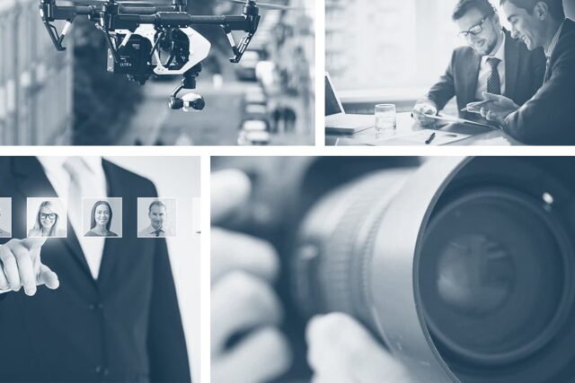 Drohne, 2 Detektive an einem Tisch, ein Privatdetektiv mit einer Kamera, 1 Wirtschaftsdetektiv bei einer Recherche.