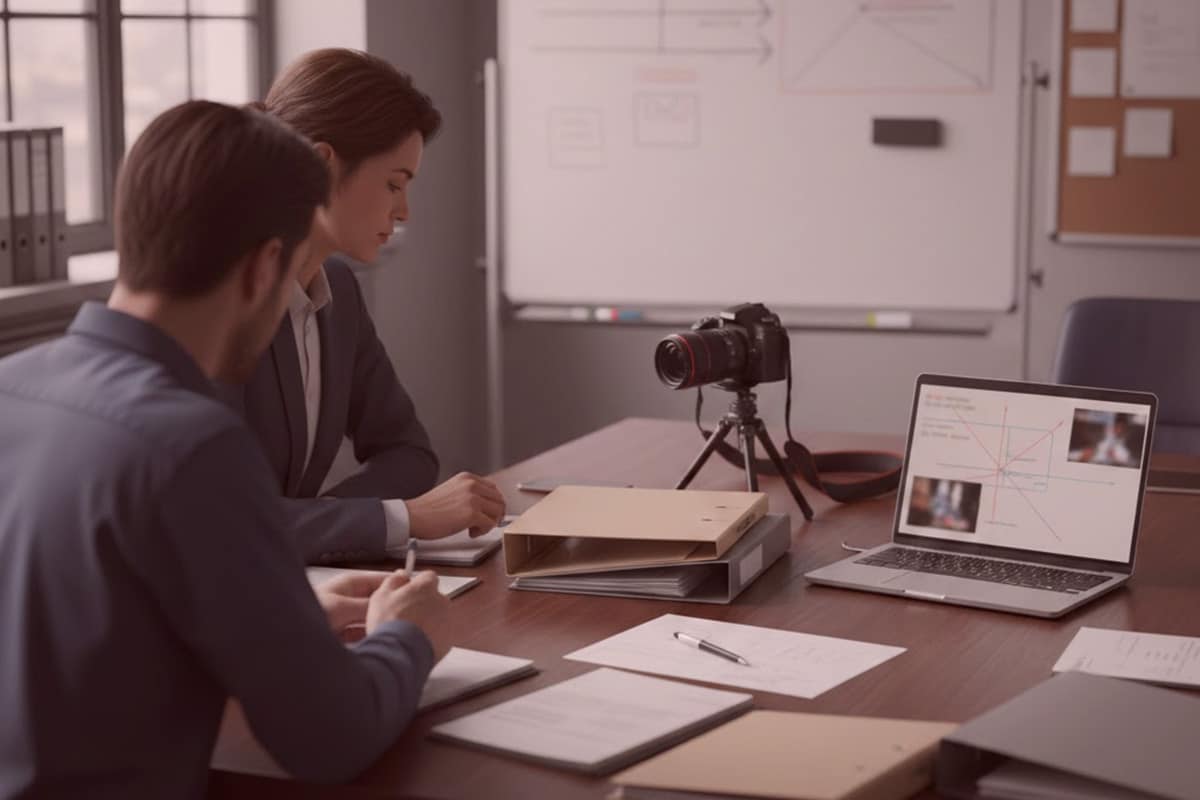 Detektive am Tisch mit Laptop, Notizen und Kamera im Detektei-Büro, Whiteboards und Akten im Hintergrund für Ermittlungen.