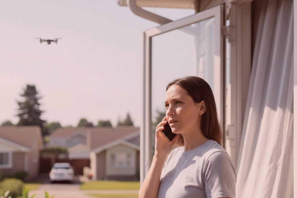 Detektei Szene: Eine besorgte Frau telefoniert vor ihrem Haus, während eine Drohne im Wohngebiet zur Ermittlungsüberwachung fliegt.