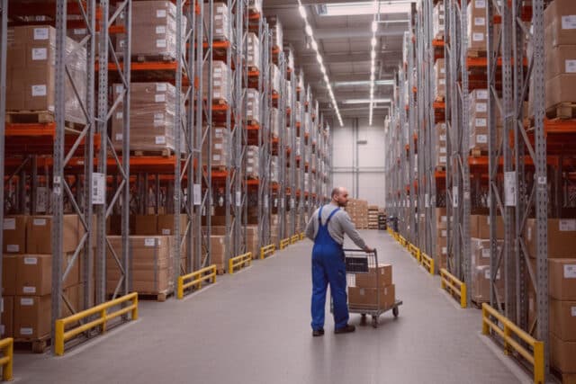 Detektiv in blauer Arbeitskleidung ermittelt in Lagerhalle, schiebt Wagen mit Kisten zwischen hohen Regalen und überwacht Einschleusung.