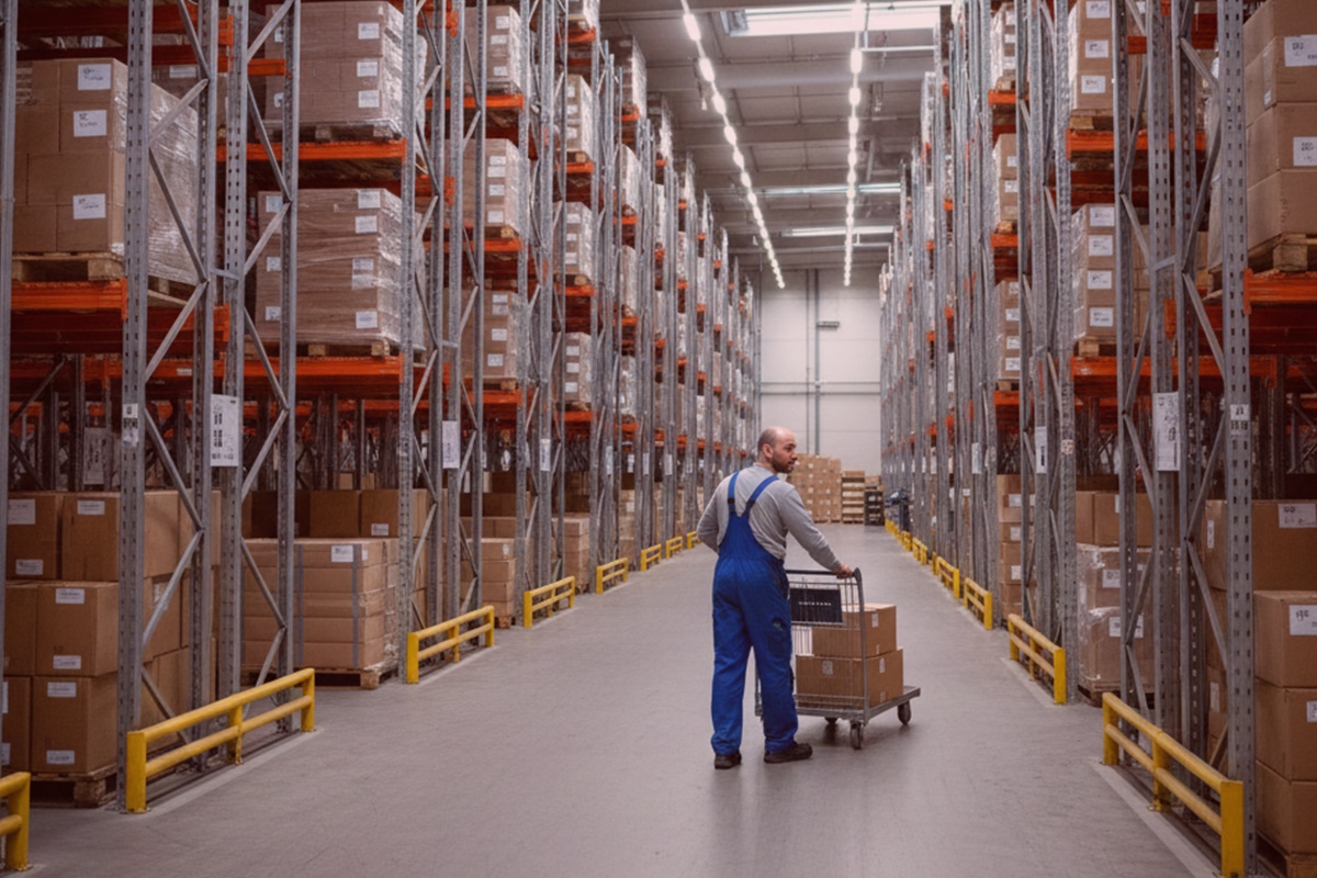 Detektiv in blauer Arbeitskleidung ermittelt in Lagerhalle, schiebt Wagen mit Kisten zwischen hohen Regalen und überwacht Einschleusung.