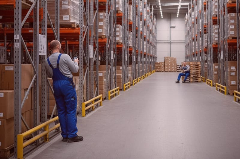 Detektive in blauer Arbeitskleidung überwachen Einschleusung im Lager, inspizieren Regale mit Klemmbrett; Kollegen im Hintergrund.